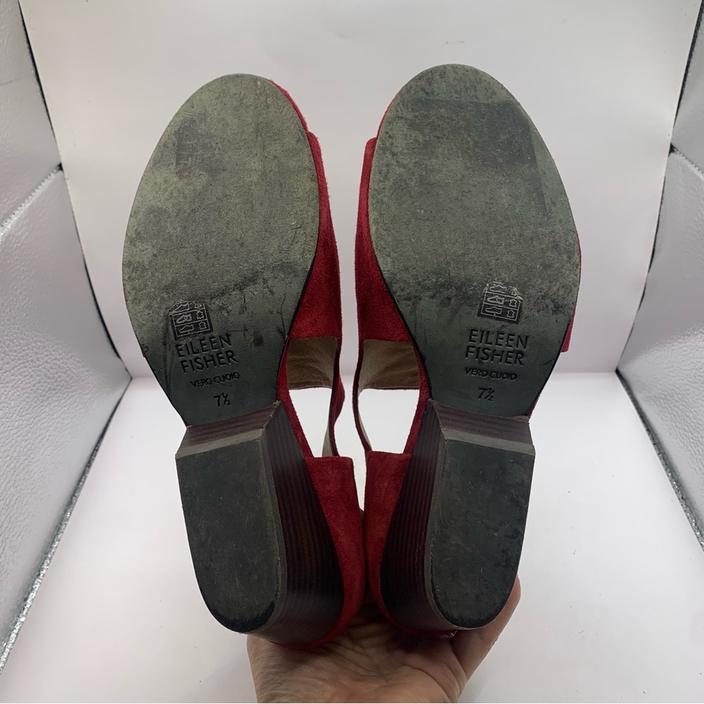 Eileen fisher open toe wedge sandals suede leather ankle strap red size 7.5M Red - Picture 3 of 10